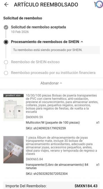 Cancelación de un pedido de Shein