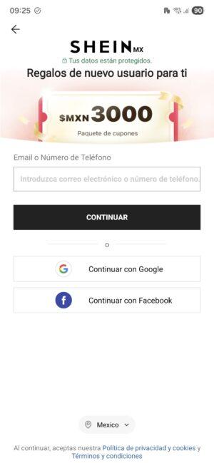 Registro en Shein para comprar
