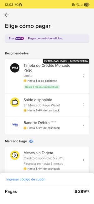 Escoge el método de pago para tu compra de Mercado Libre