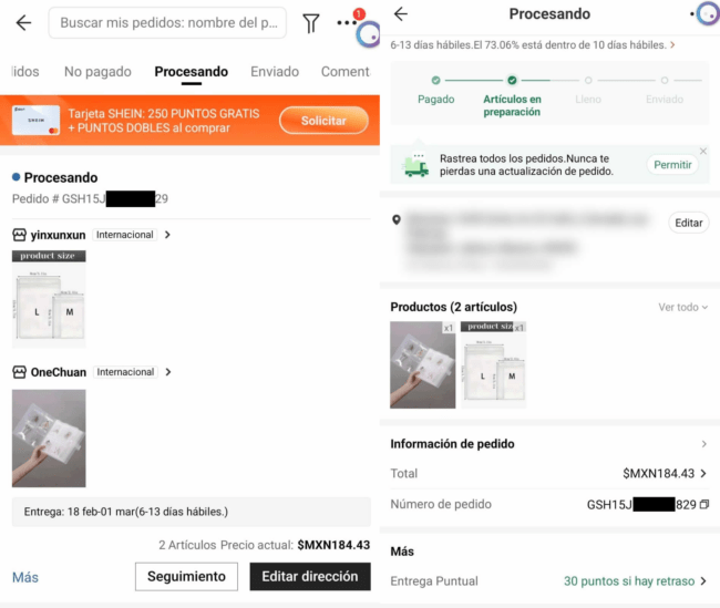 Rastreo de un pedido en la app de Shein