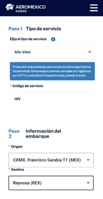 Cotización Aeroméxico Cargo Paso 1