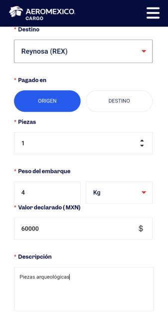 Cotización Aeroméxico Cargo Paso 2