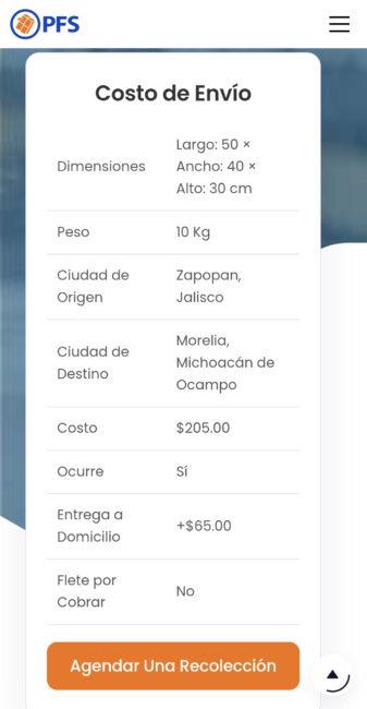 Cotizar un envío con PFS Paso 3