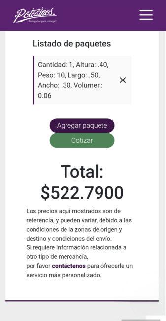 Cotizar un envío con Potosinos Paso 4