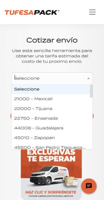 Cotiza un envío con Tufesapack Paso 2
