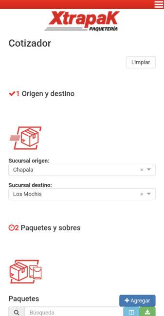 Cotizar un envío en Xtrapak Paso 2