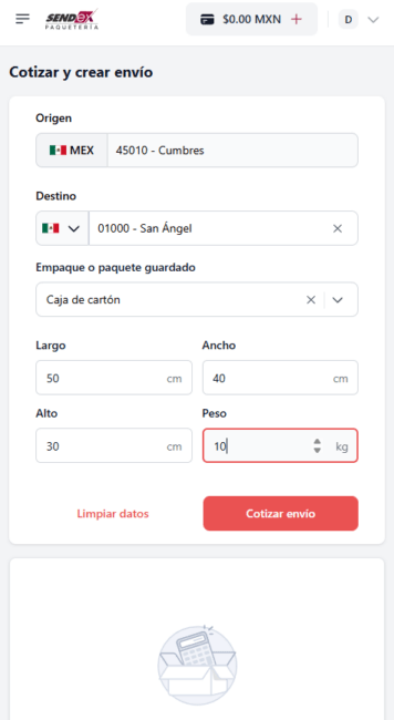 Datos del paquete para cotizar un envío en Sendex